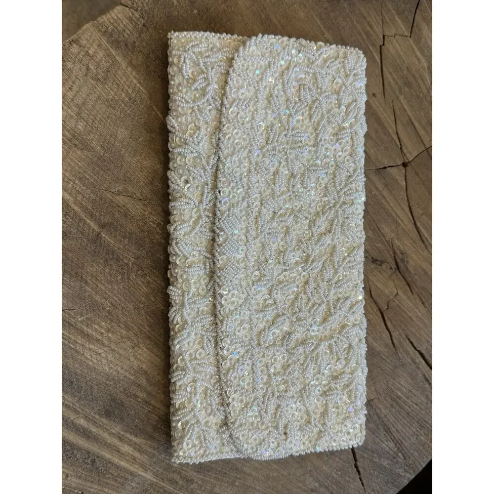 Vtg Weinstock-Hale Beaded Envelope Clutch Seed Beads Gloves White Bridal Evening